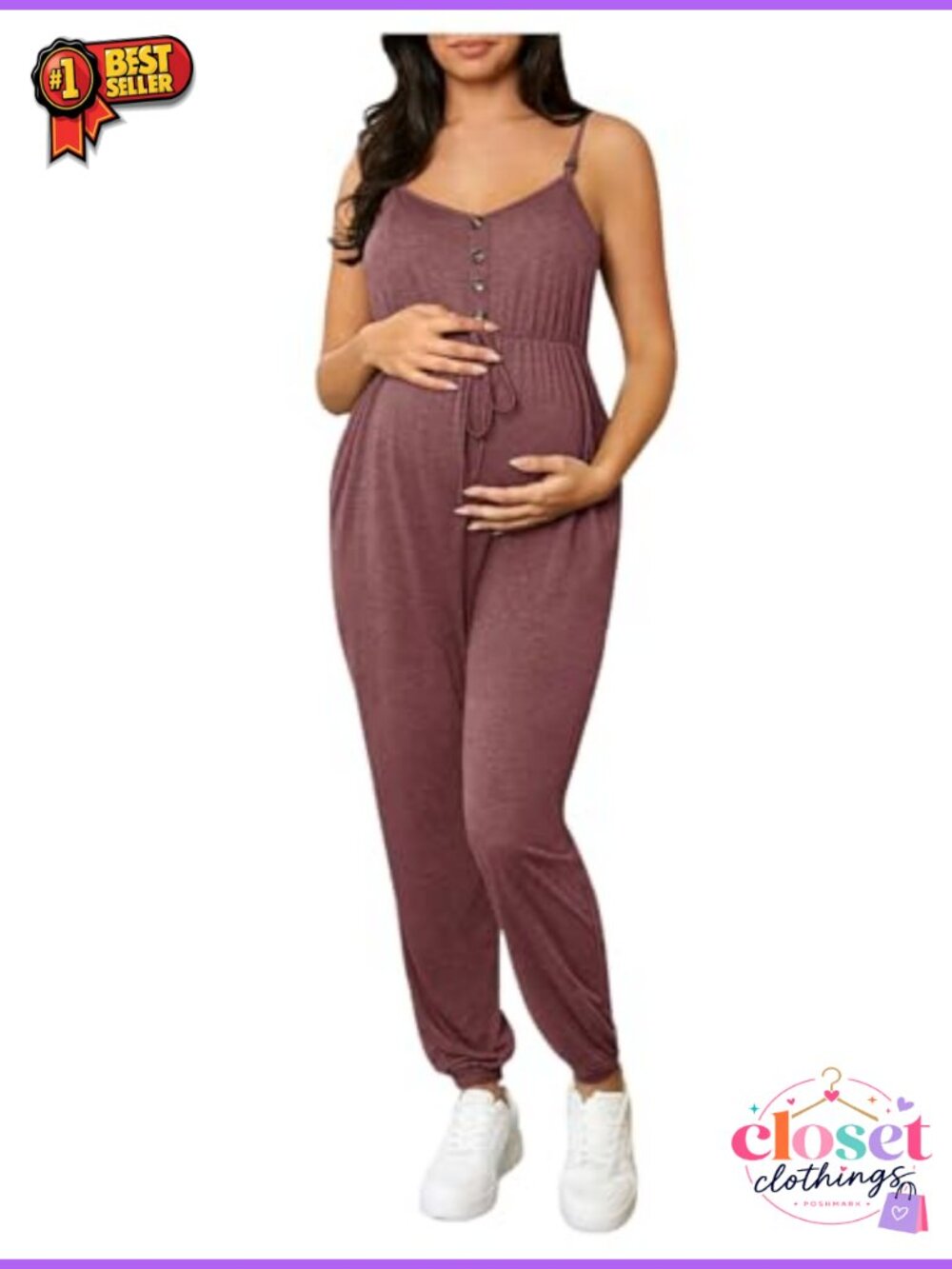 Maternity Nursing Jumpsuit Button Front V Neck Sleeveless Jogger